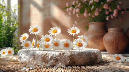 Poster - Stone podium, Cosmetic display stand with daisy blossom flowers on brown background. 3D rendering