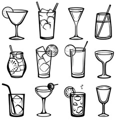 Set of black and white vector illustrations featuring various cocktail glasses with garnishes, perfect for bar and party designs.