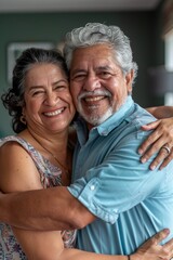 Wall Mural - Seniors hug and grin at home, showing love and affection. Happy people embrace enjoyment, support, and relaxation in marriage, house, or partner trust.