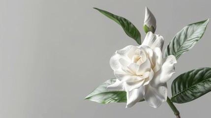 Poster - Isolated white gardenia flower with stem and leaves on a gray background