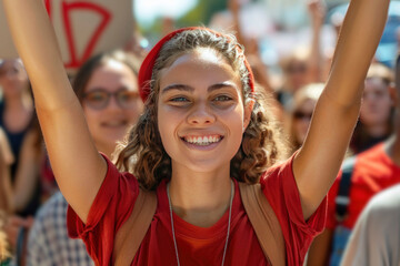 A young woman stands amid a city demonstration with her hands raised. the person demonstrates determination and solidarity in a common cause. 