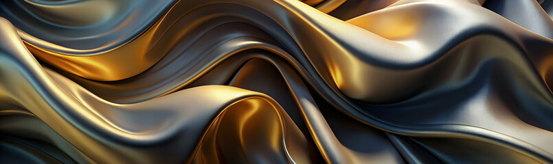 Wall Mural - Abstract gold grey silk texture flowing background 3d, banner.  Silk fabric wave gradient template.