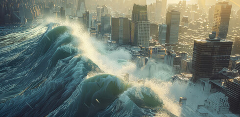 Wall Mural - A massive tsunami wave is seen towering over the city skyline, with buildings in its path and waves crashing against each other