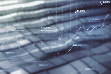 Poster - Multi exposure of abstract virtual graphic data spreadsheet sketch on abstract metal background, analytics and analysis concept