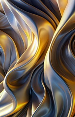 Wall Mural - Abstract gold grey silk texture flowing background 3d, .  Silk fabric wave gradient template.