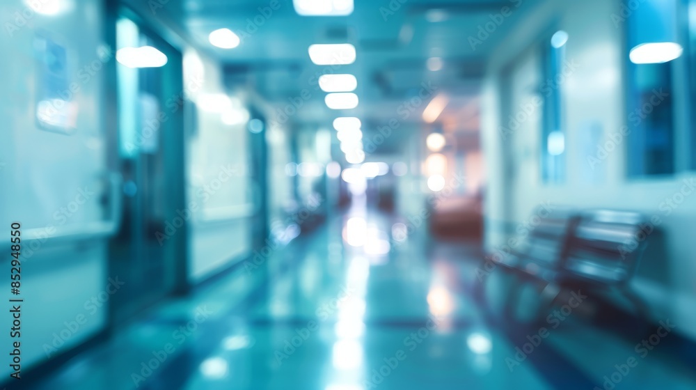 Abstract blurred view of a hospital corridor with bright lights and reflective floors