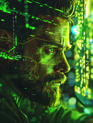 Wall Mural - Cyberpunk Man in Green Light - A man with a beard is illuminated by green digital lights.