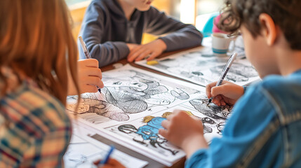 Children engrossed in drawing comics during an art class, showcasing creativity and concentration.