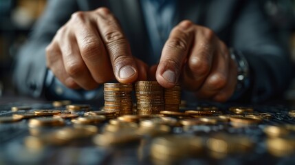 Wall Mural - Businessman is introducing a investment savings money with stack gold coin with looking to future for new the business opportunity on the city background, Planning concept. 