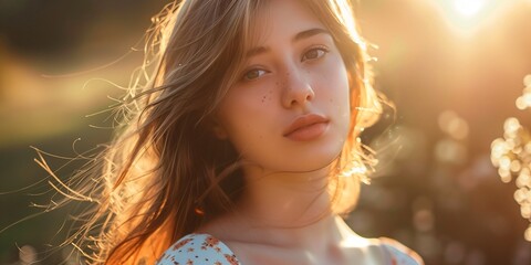 Wall Mural - portrait of a girl with sharp jawline cute face wearing cute dress .sun rays hitting her face