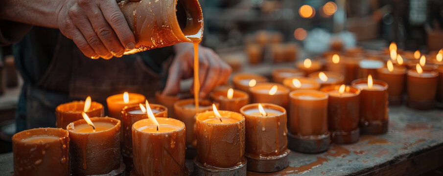 An artisan pouring molten wax into molds to create handcrafted candles, each one unique in its shape and fragrance.