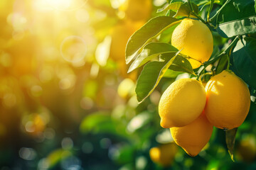 Ripe lemons on a tree branch with lush green leaves and warm sunlight in the background.