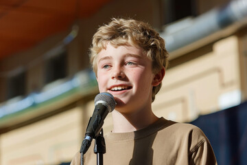 Wall Mural - a Caucasian student participating in a school talent show