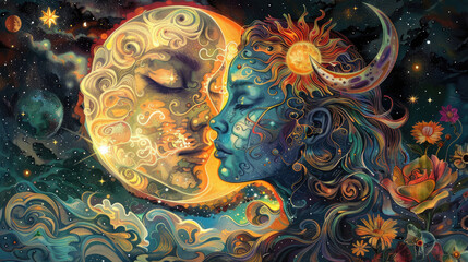 Wall Mural - A mystical illustration of the sun and moon, with their faces melting together in an intricate dance of light and shadow