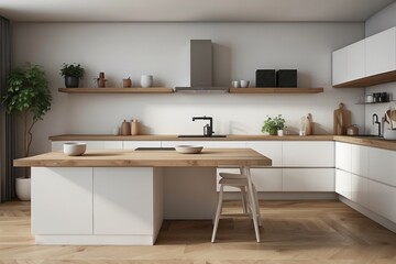 Interior home of kitchen with wooden island countertop on white wall