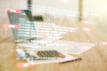 Aufkleber - Double exposure of abstract creative programming illustration on calculator and pc background, big data and blockchain concept