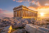 Vibrant sunset casting hues on parthenon temple, acropolis of athens, greece, creating stunning view