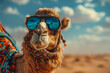 © MK studio - A cool and funny camel wearing sunglasses and a bright scarf, standing in a desert oasis. His playful expression adds humor to the scene.