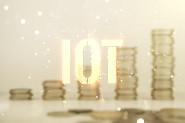 Poster - Double exposure of abstract virtual IOT hologram on growing stacks of coins background, research and development concept