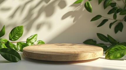 Wall Mural - Minimalist flat round wooden display platform podium with green leaves branches shadows on a beige backdrop. Mockup showcase