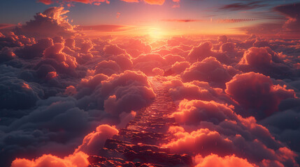 Wall Mural - Stairway to Heaven.Stairs in sky. Concept with sun and clouds. Religion background. Red heart shaped sky at sunset. Love background with copy space