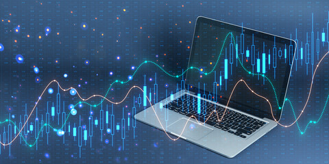 Wall Mural - Close up of laptop with creative glowing candlestick forex chart hologram on blurry background. Finance and stock concept. Double exposure.