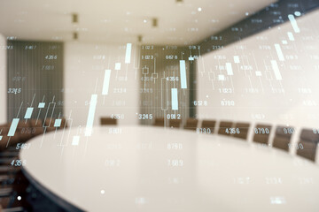Poster - Abstract virtual stats data hologram on a modern conference room background. Multiexposure