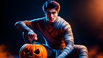 Wall Mural - Studio portrait of a young man dressed as a scary mummy in a Halloween cosplay, posing as a pumpkin climber on an isolated black background. Generative AI