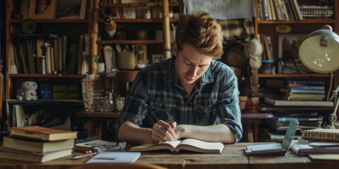 a Caucasian man creating a bullet journal in his rustic study