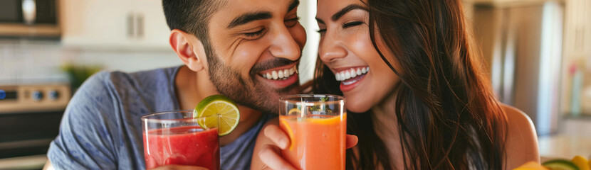 Wall Mural - a Hispanic couple enjoying a healthy smoothie together in their modern kitchen