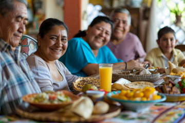 a Hispanic family enjoying a traditional breakfast together with fresh ingredients and colorful dishes