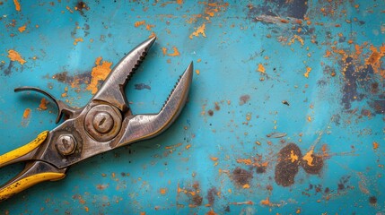 Vintage pliers on blue textured background with copy space