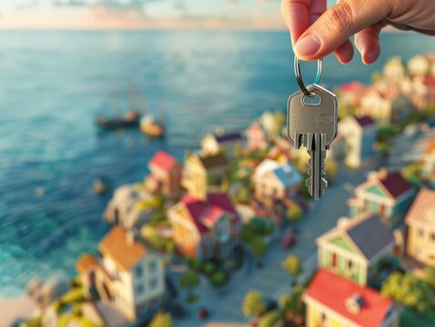 Hand holding house keys against a coastal village backdrop. New home ownership is highlighted with a stunning seaside view. Panorama with copy space.