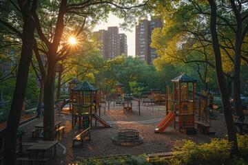 Wall Mural - A city park with abundant trees, playgrounds, and walking paths, demonstrating urban green spaces. 