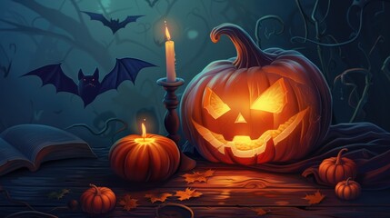 Wall Mural - Halloween Icon Spooky Carved Pumpkin with Candlelight Bat Decor