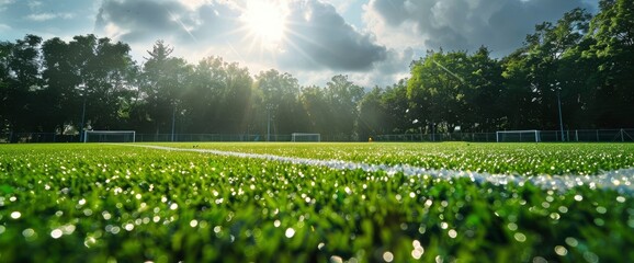 Wall Mural - After A Rain Shower, The Soccer Field Gleams Fresh And Rejuvenated Under The Sunlight