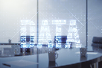 Poster - Virtual Data word sign hologram on a modern conference room background. Multiexposure