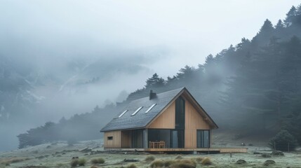 Sticker - photo of a modern wooden house in a mountainous area in the fog.