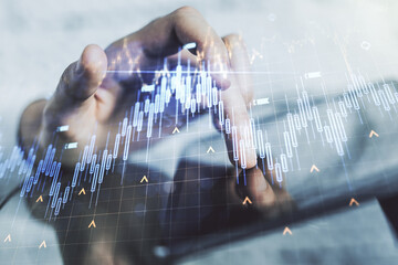 Poster - Multi exposure of abstract financial diagram with world map and hand working with a digital tablet on background, banking and accounting concept