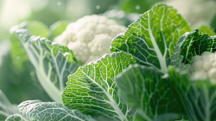 Macro photograph of cauliflower plant showing close up of cabbage like leaves and branched inflorescence