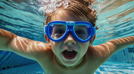 Child wearing swimming goggles and enjoying hot summer day in the swimming pool