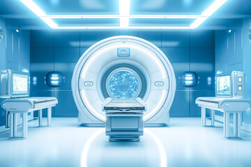 A white MRI machine with a blue screen.
