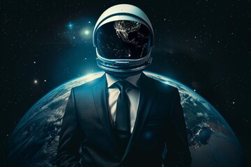 Wall Mural - A man in a suit is standing in front of a planet