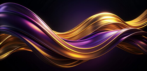 Wall Mural - Abstract gold violet silk texture flowing on violet background 3d, banner. Flying Silk fabric wave gradient template