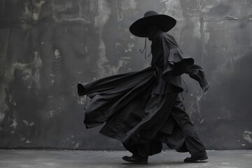 Wall Mural - A man in a black outfit with a hat and long skirt is walking down a street