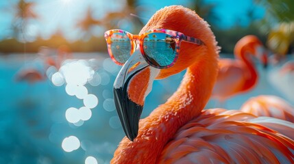 A detailed photo of a flamboyant flamingo donning colorful glasses