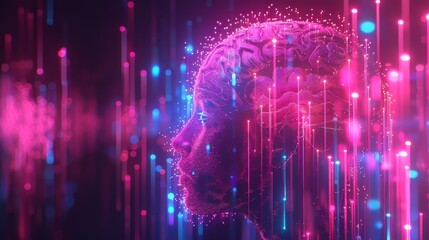 Wall Mural - Digital Human Head in Neon Light
