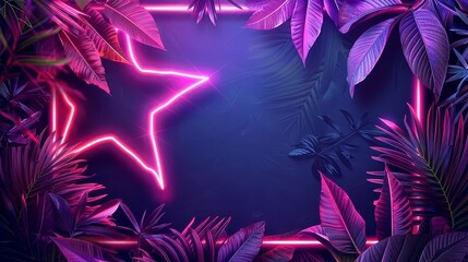 Wall Mural - neon background and tropical leaves, showcasing a color combination of purple and pink