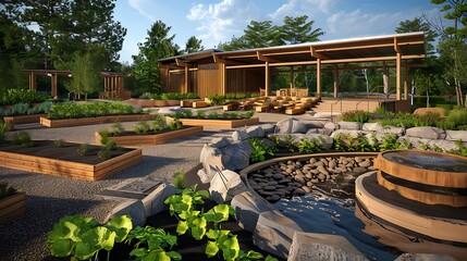 outdoor learning center for children, featuring natural materials, interactive garden beds, and a small amphitheater for educational programs and storytelling