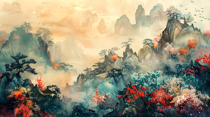 Chinese watercolor valley scenery painting The beauty of oriental lines